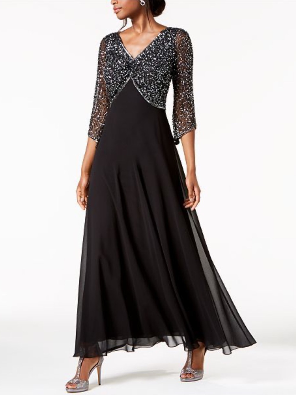 J Kara Embellished 3/4-Sleeve V-Neck Evening Gown Black Silver Sequins Sz 16